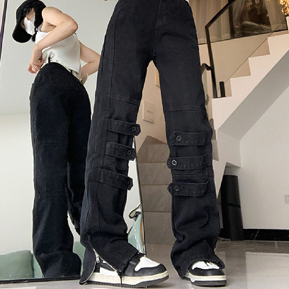 Black Ankle Graceful Straight Cargo Jeans