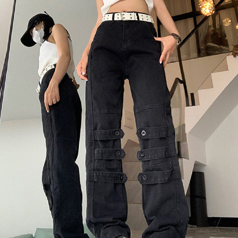 Black Ankle Graceful Straight Cargo Jeans