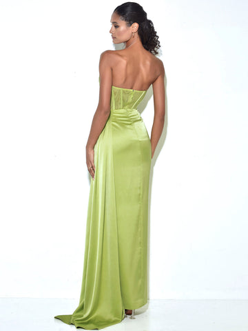 Prisa Lime High Charming Slit Satin Corset Gown