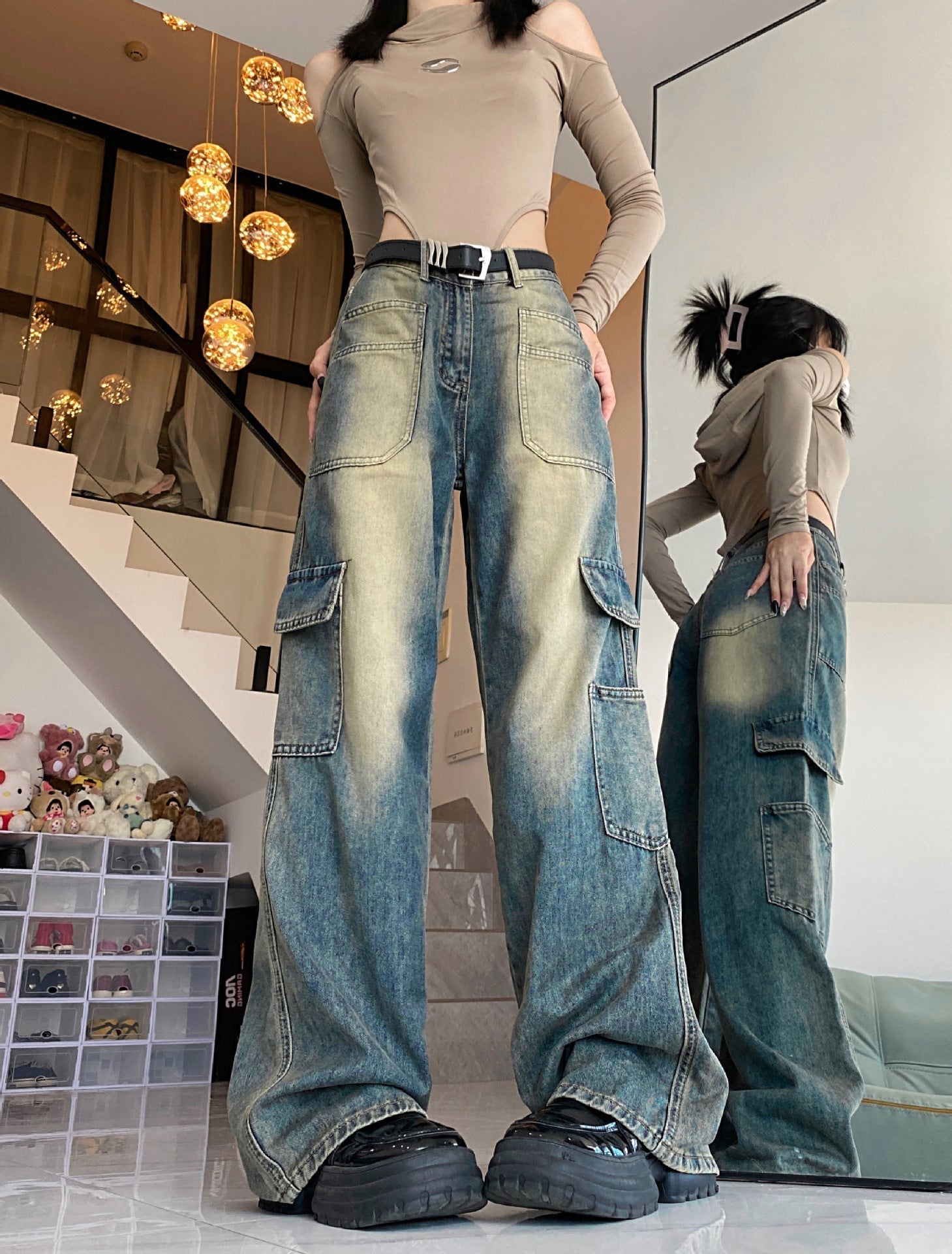 American Vintage Style Trendy Pocket Cargo Boyfriend Jeans