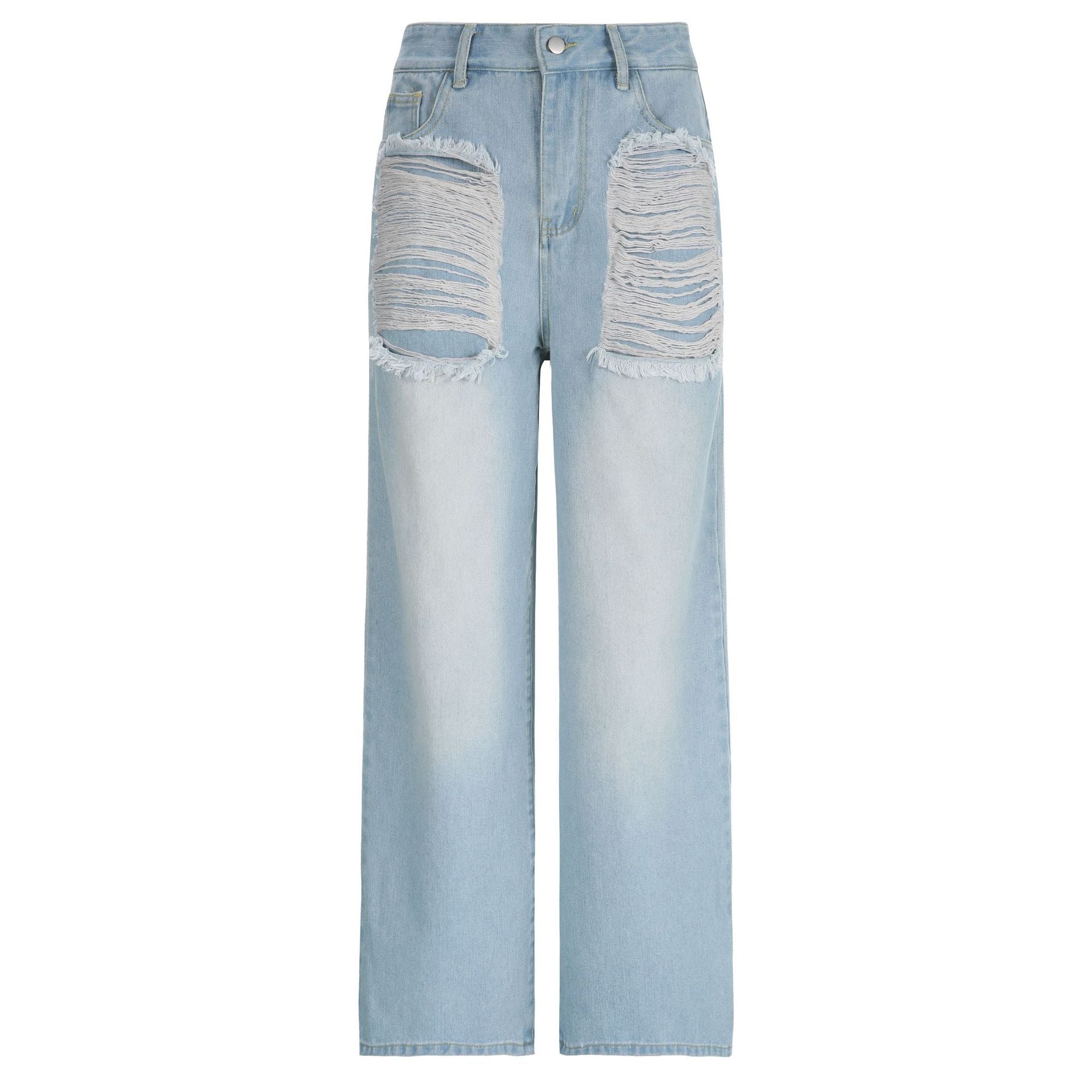 Straight Leg Graceful Blue Ripped Jeans