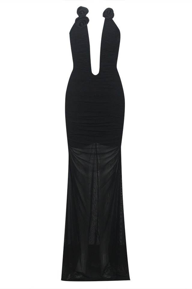 Strapless Plunge Stylish Maxi Black Dress
