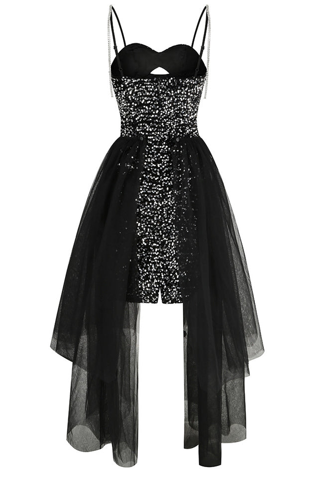 Ariel Black Stylish Sequin Diamante Dress