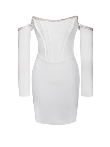 Annika White Off Shoulder Long Trendy Sleeve Corset Dress With Crystal Trim