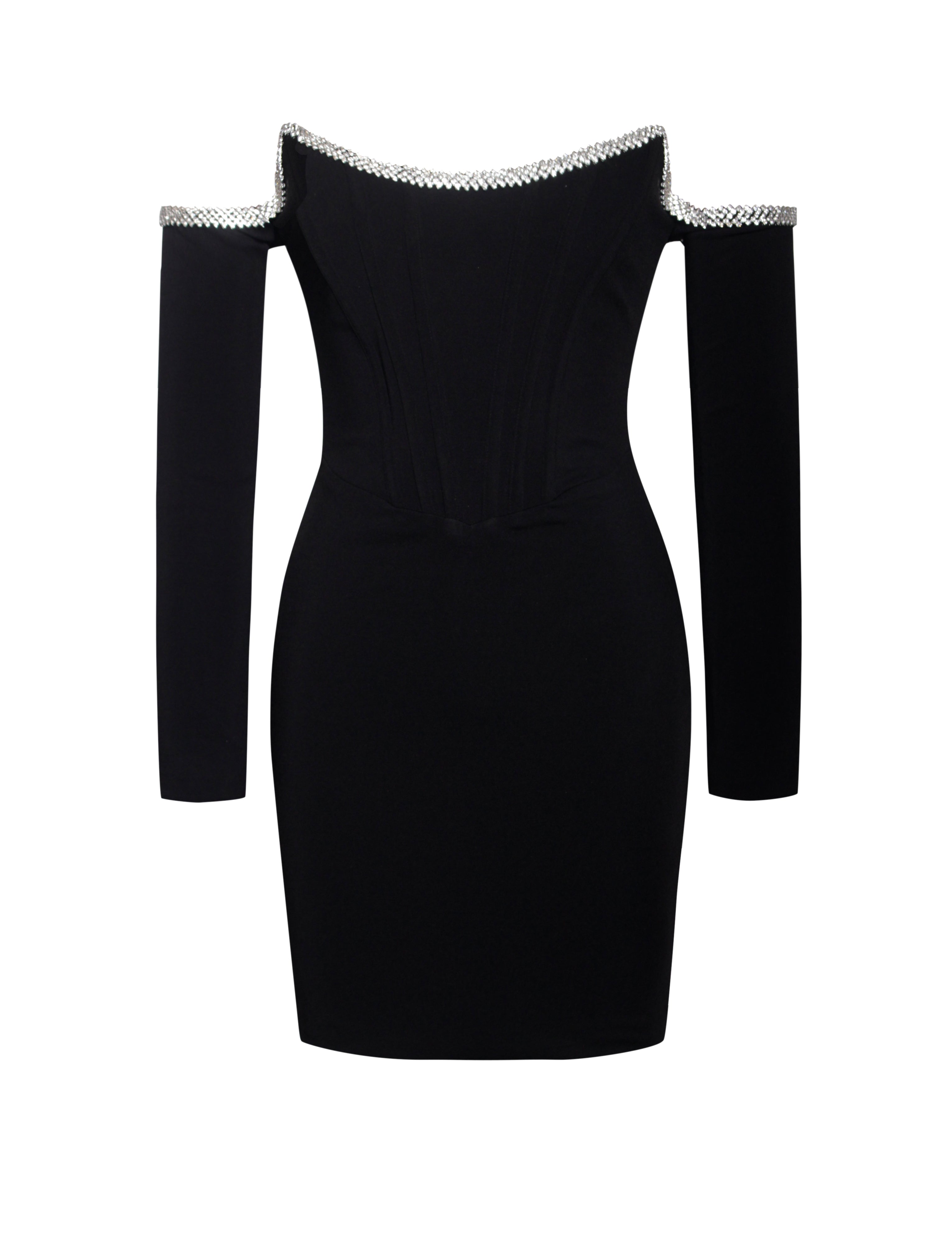 Annika Black Off Shoulder Long Trendy Sleeve Corset Dress With Crystal Trim