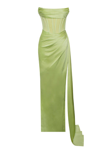 Prisa Lime High Charming Slit Satin Corset Gown