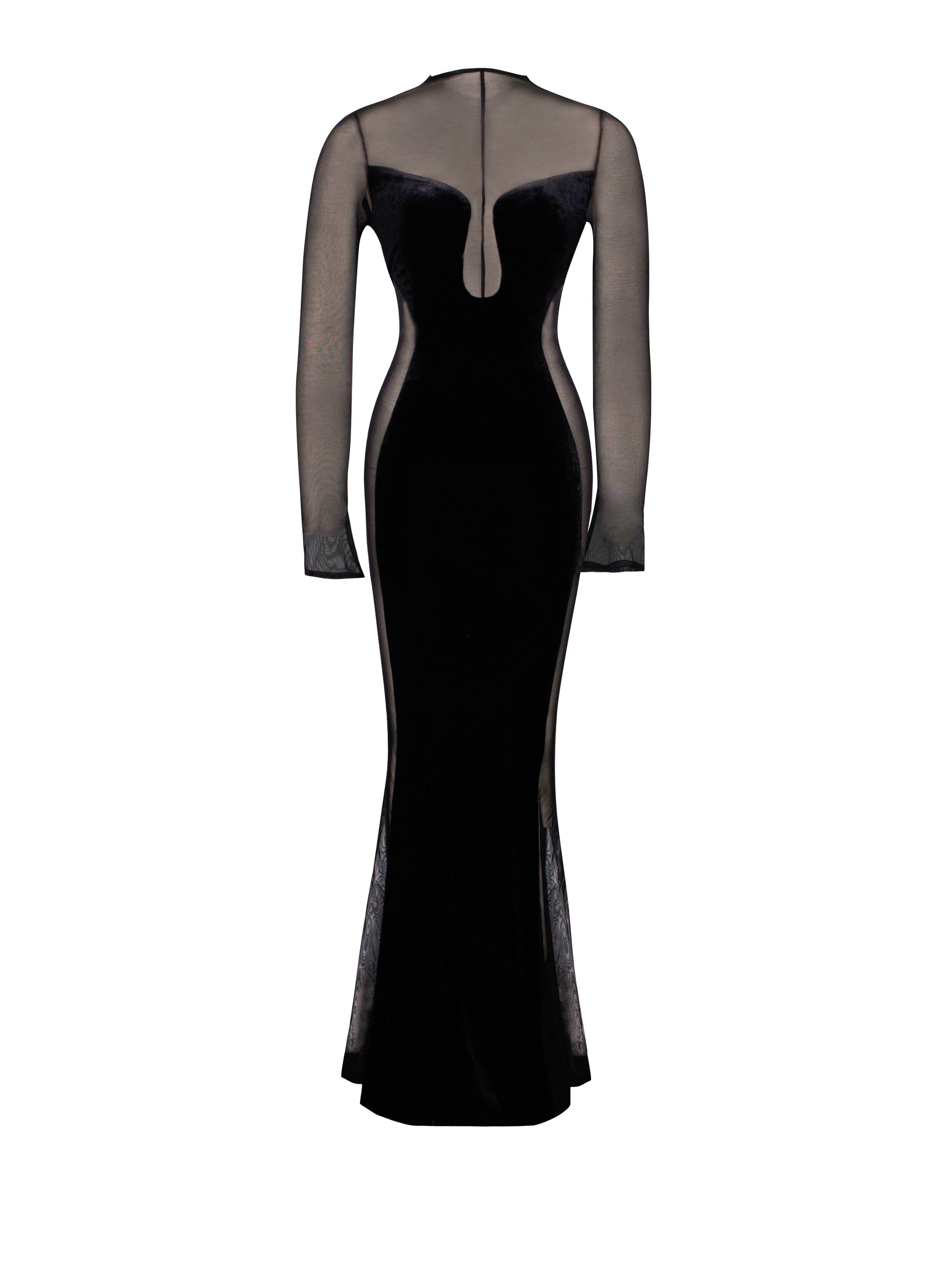 Paislee Black Velvet Charming Mesh Long Sleeve Gown