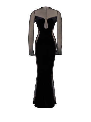 Paislee Black Velvet Charming Mesh Long Sleeve Gown
