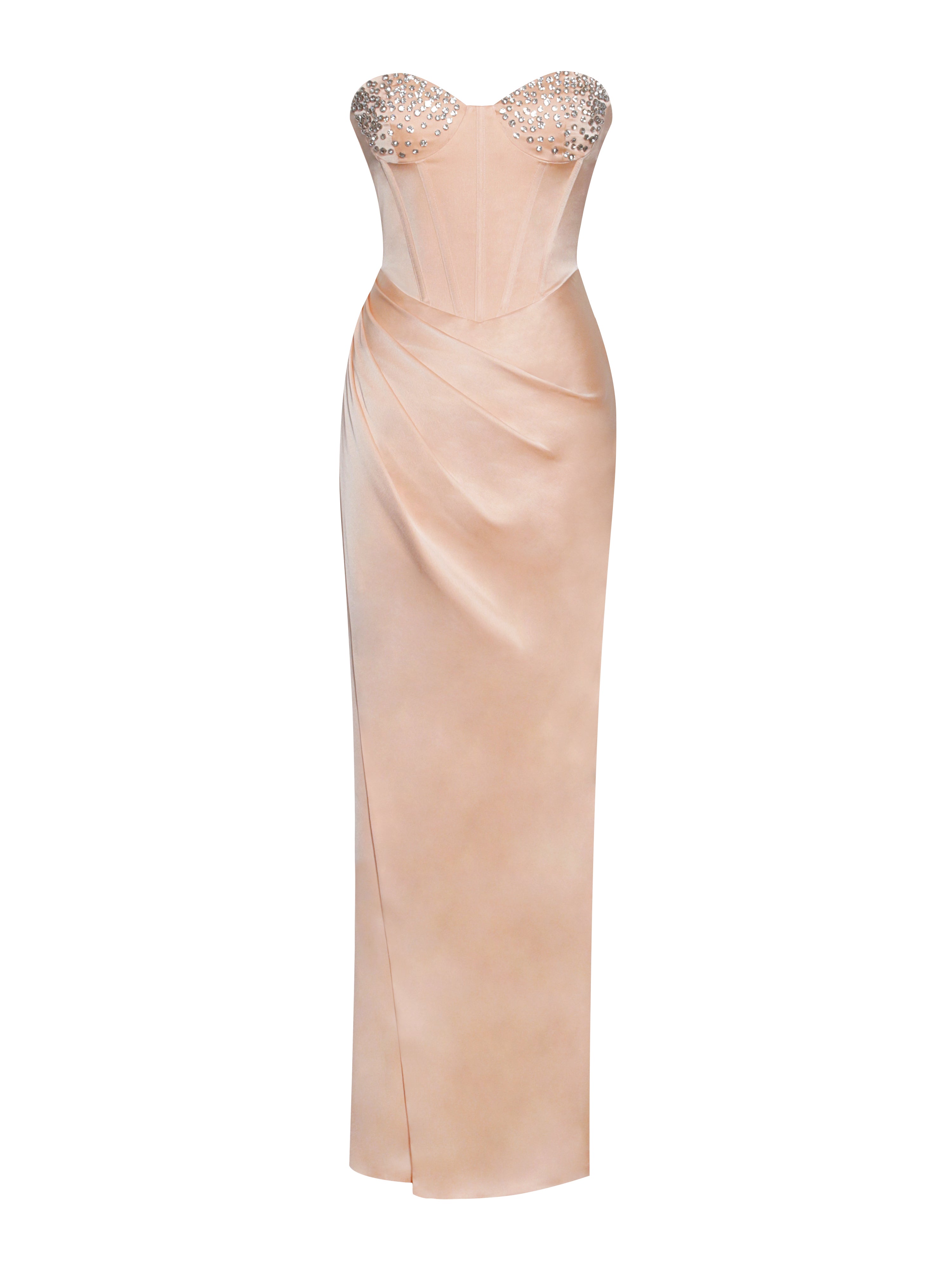 Amelia Blush Satin Corset Graceful Slit Gown With Crystal Embellished