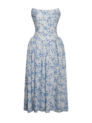 Paloma Blue Print Linen Graceful Corset Draping Top Midi Dress