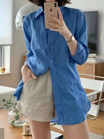 Autumn Lapel Single-Breasted Buttons Loose Full Sleeve Curved Tops Blouse