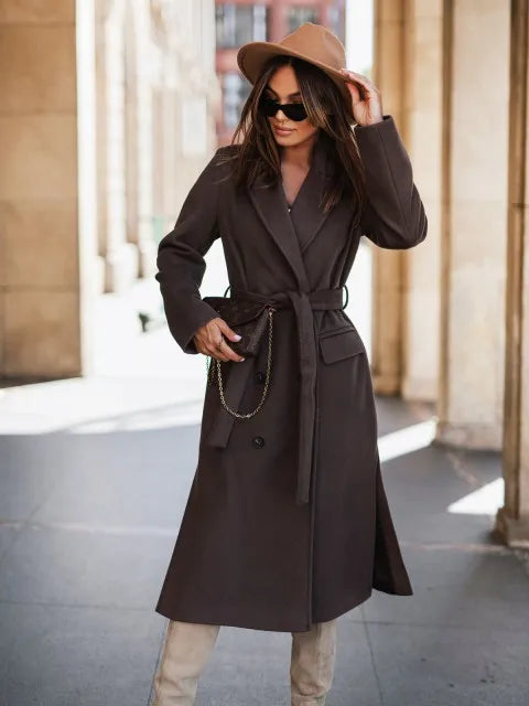 Autumn and Winter Simple Long-sleeved Suit Collar Strap Woolen Overcoats