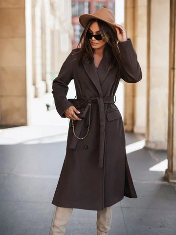 Autumn Simple Long-sleeved Suit Collar Strap Woolen Overcoats