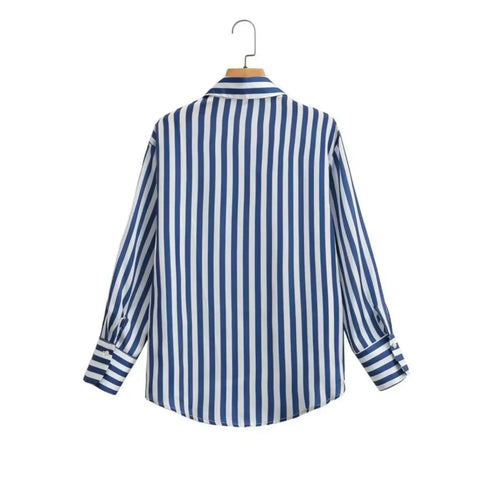 Autumn Lapel Blue White Striped Satin Single-Breasted Loose Tops Blouse