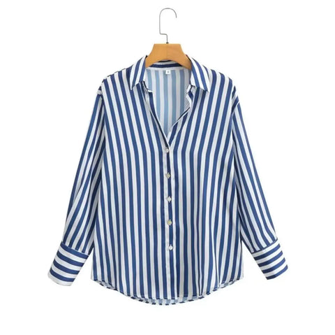 Autumn Lapel Blue White Striped Satin Single-Breasted Loose Tops Blouse