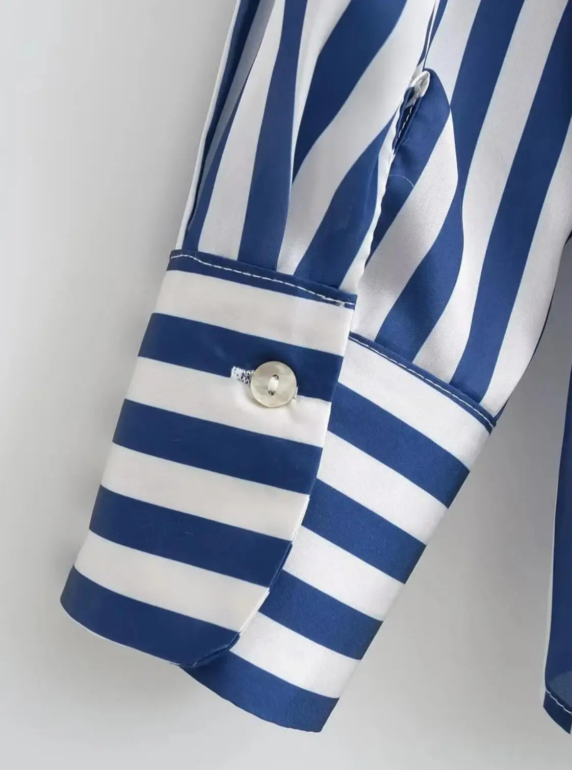 Autumn Lapel Blue White Striped Satin Single-Breasted Loose Tops Blouse