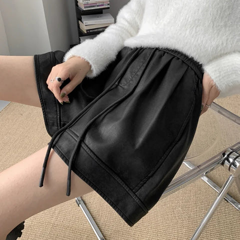 Autumn Winter PU Leather Elastic High Waist Wide-leg Casual Shorts