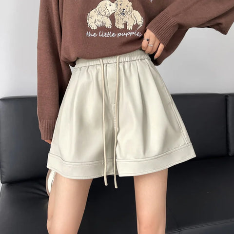 Autumn Winter PU Leather Elastic High Waist Wide-leg Casual Shorts