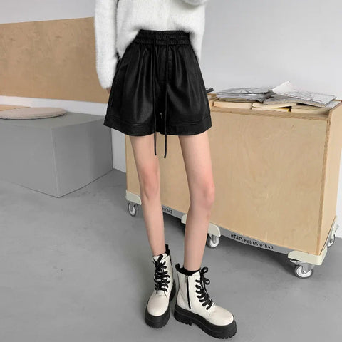 Autumn Winter PU Leather Elastic High Waist Wide-leg Casual Shorts