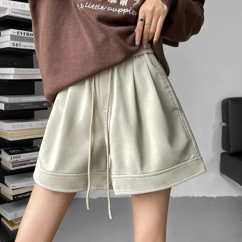 Autumn Winter PU Leather Elastic High Waist Wide-leg Casual Shorts