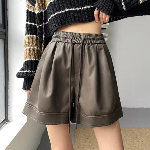 Autumn Winter PU Leather Elastic High Waist Wide-leg Casual Shorts