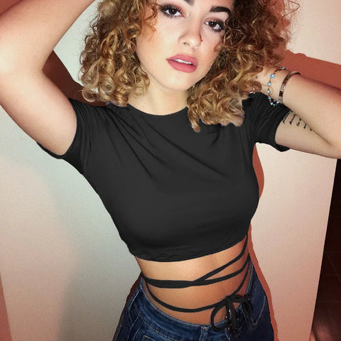 Black Bandage Sexy Crop Tops Short Sleeve Tee