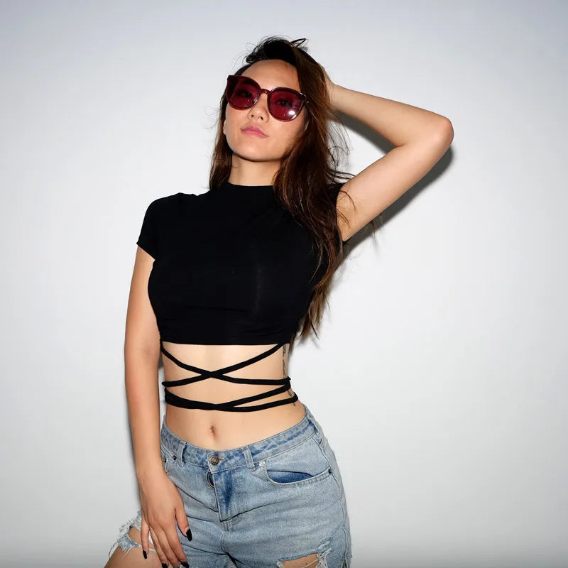 Black Bandage Sexy Crop Tops Short Sleeve Tee