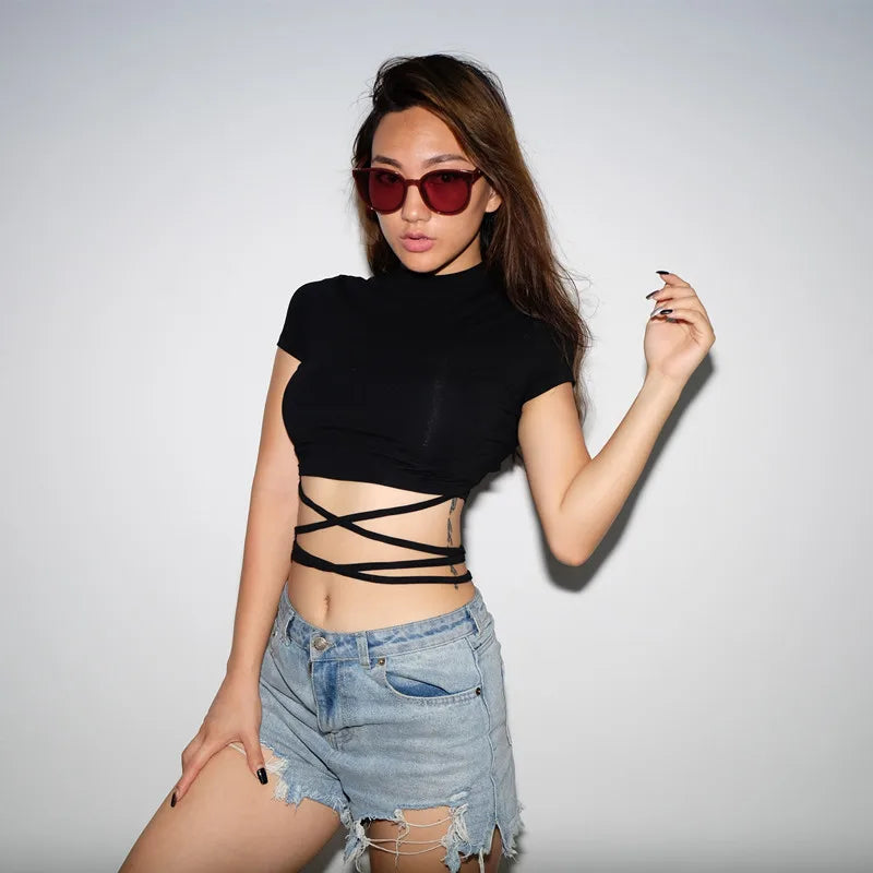 Black Bandage Sexy Crop Tops Short Sleeve Tee