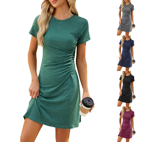 Spring Women's O Neck Short Sleeve Solid Color For Ladies Summer Fashion Slim Elegant Pleated Dress Mini Dress