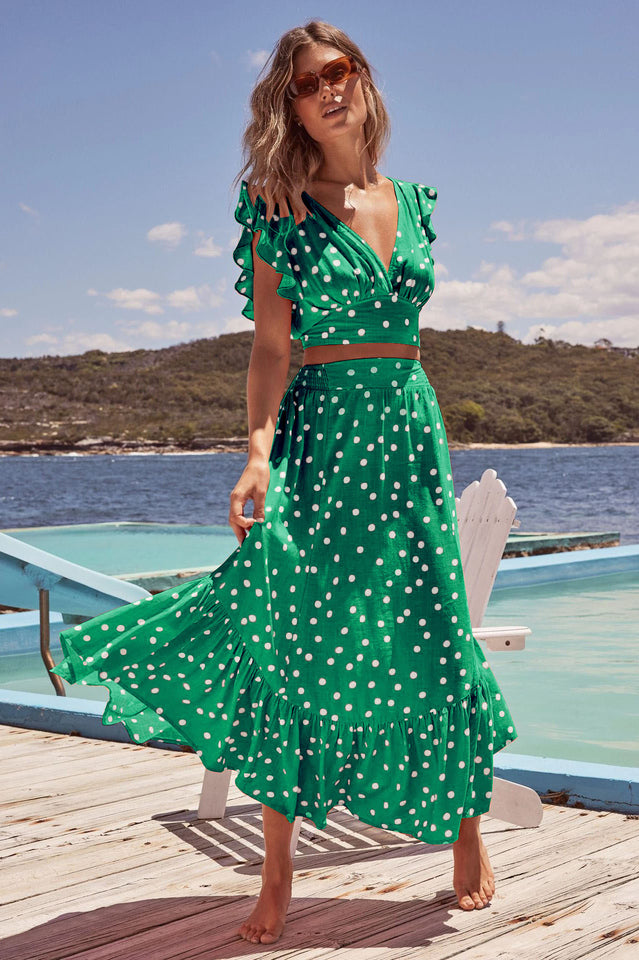 Polka Dot Ruffle Tank Graceful Top + Midi Skirt Set
