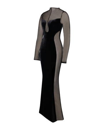 Paislee Black Velvet Charming Mesh Long Sleeve Gown