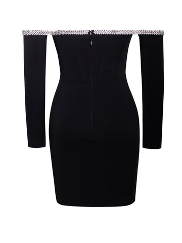 Annika Black Off Shoulder Long Trendy Sleeve Corset Dress With Crystal Trim