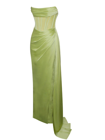 Prisa Lime High Charming Slit Satin Corset Gown