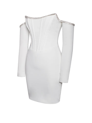 Annika White Off Shoulder Long Trendy Sleeve Corset Dress With Crystal Trim