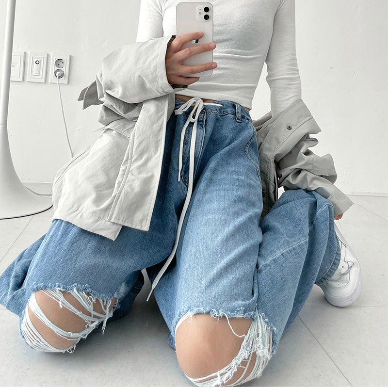 Hip Hop Irregular Ripped Modern High Waist Tie Loose Pants