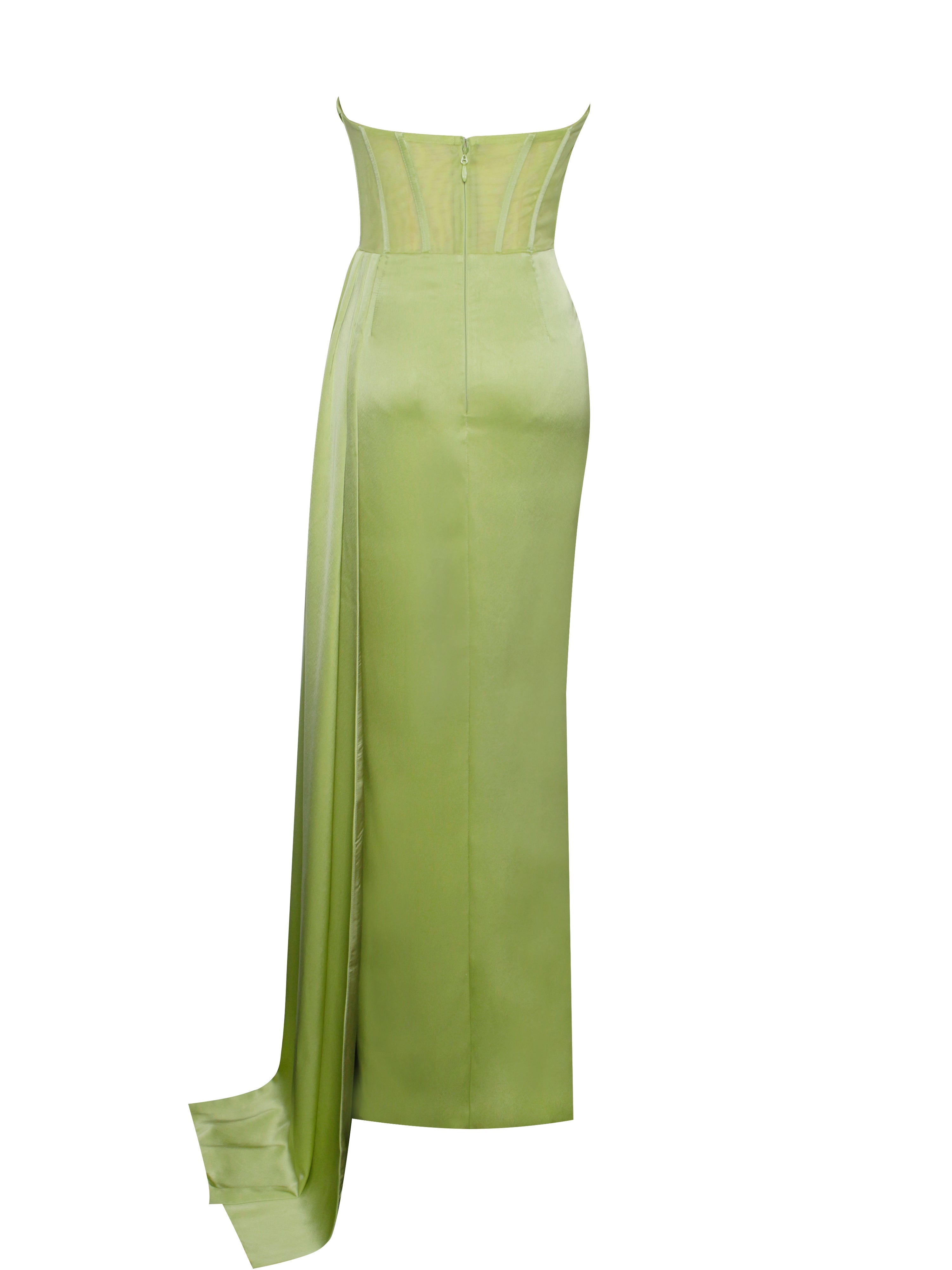 Prisa Lime High Charming Slit Satin Corset Gown