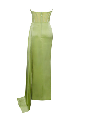 Prisa Lime High Charming Slit Satin Corset Gown