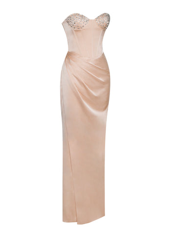 Amelia Blush Satin Corset Graceful Slit Gown With Crystal Embellished