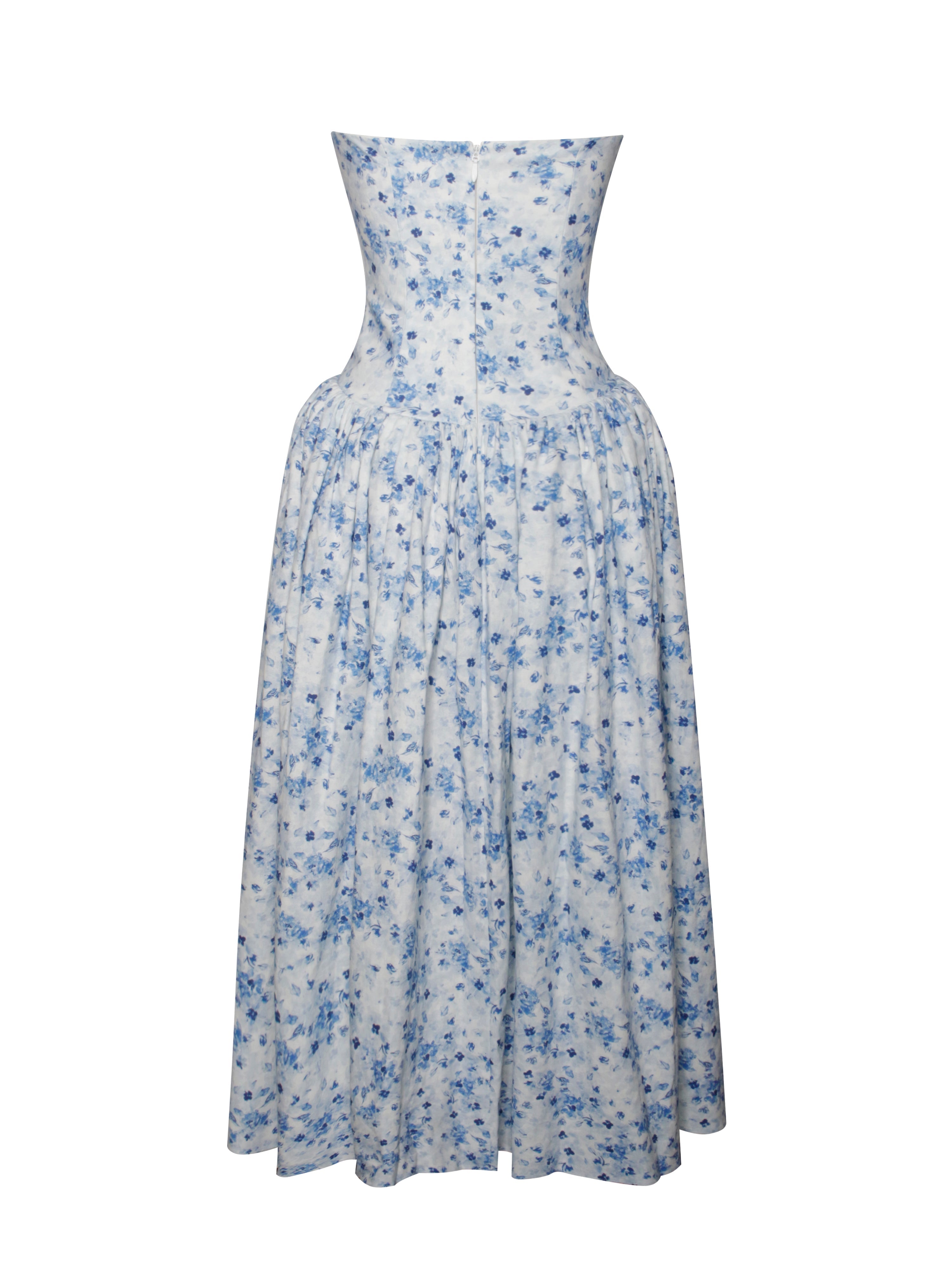 Paloma Blue Print Linen Graceful Corset Draping Top Midi Dress