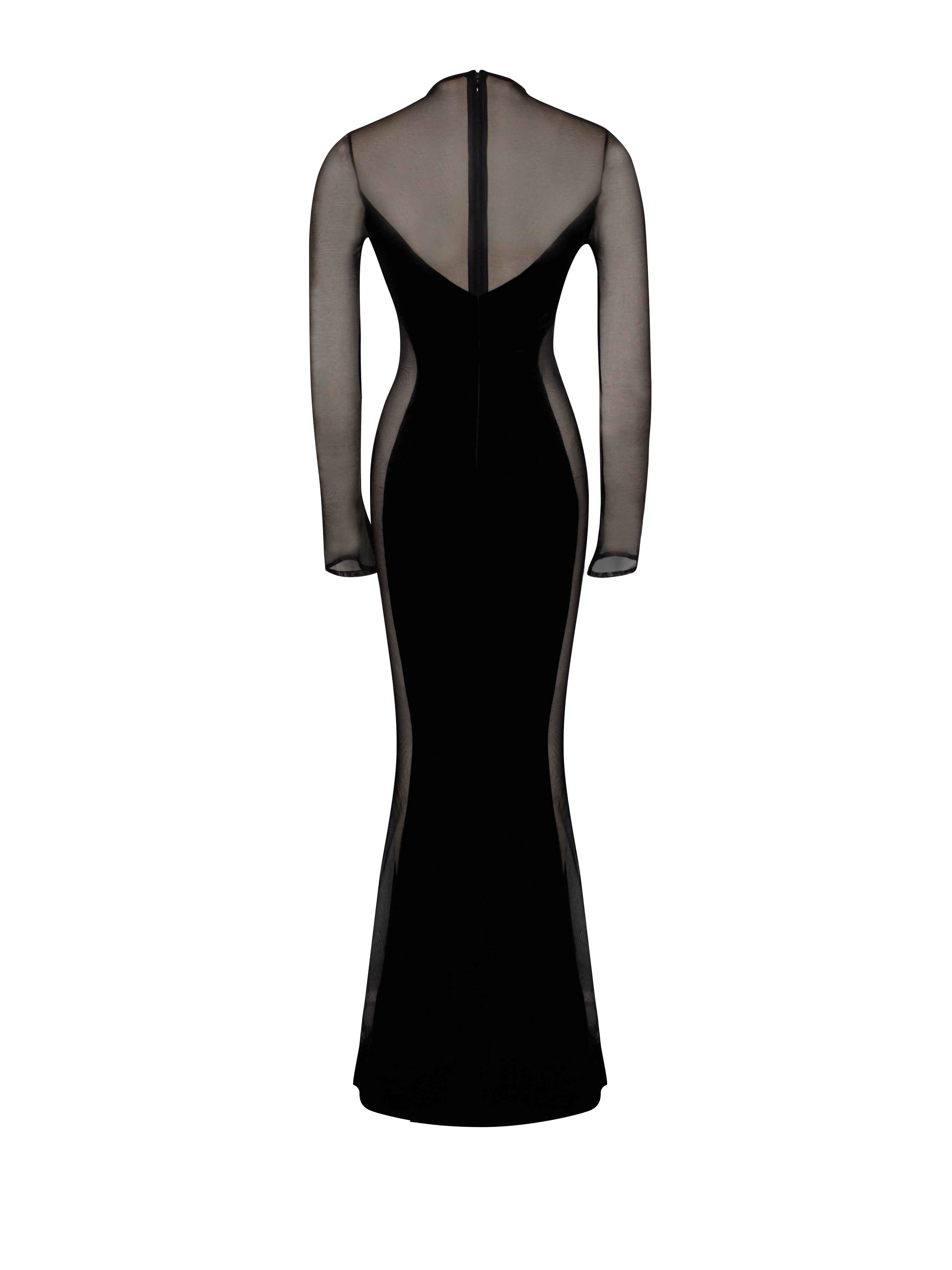Paislee Black Velvet Charming Mesh Long Sleeve Gown
