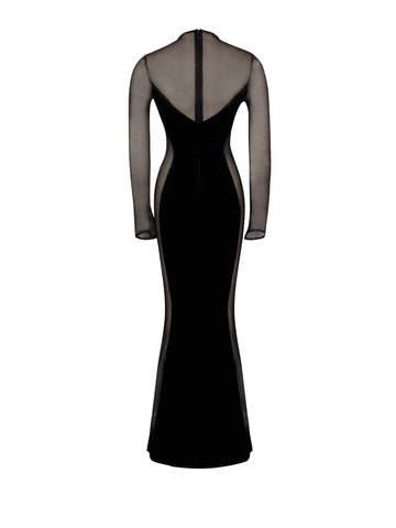 Paislee Black Velvet Charming Mesh Long Sleeve Gown