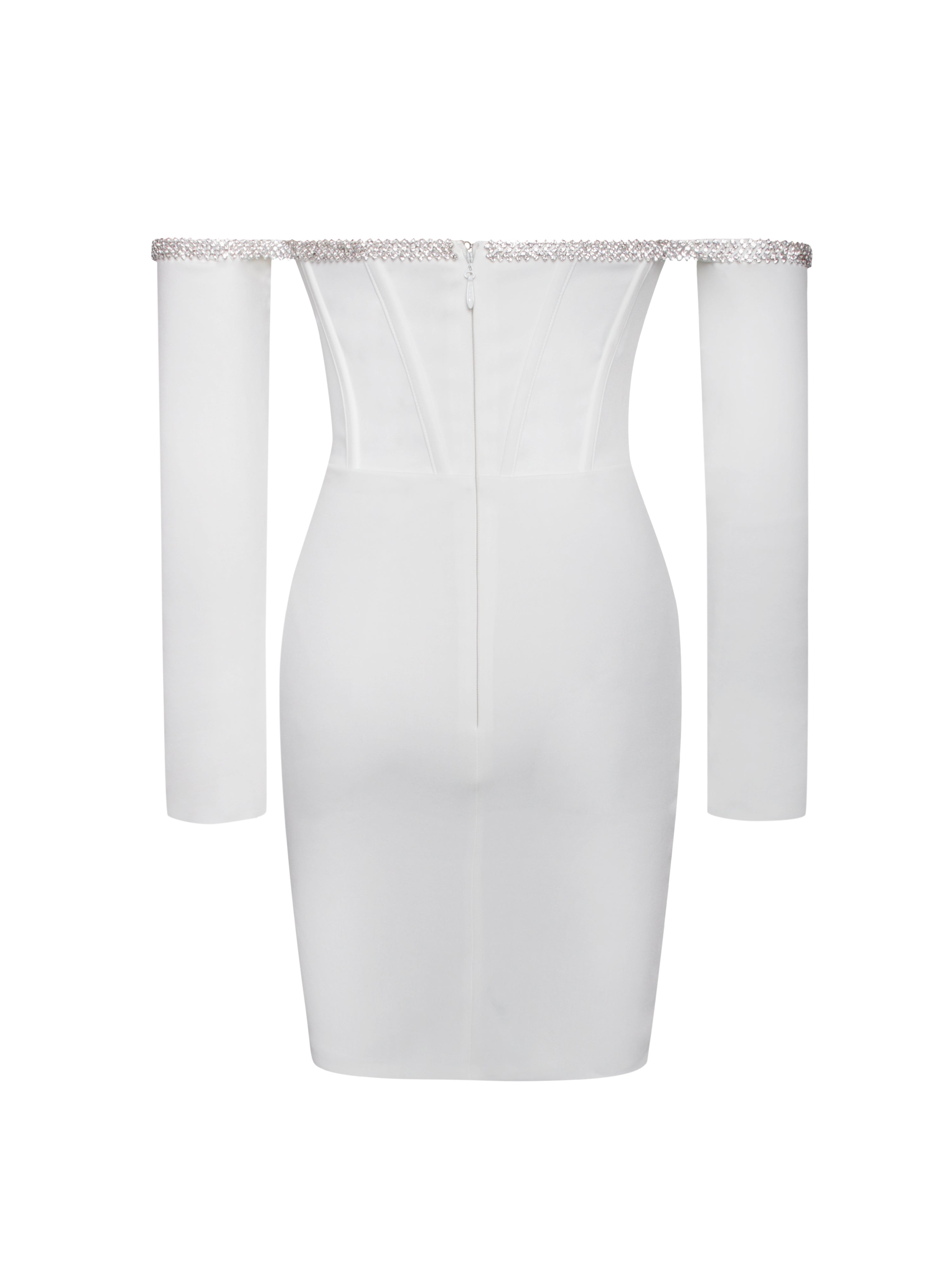 Annika White Off Shoulder Long Trendy Sleeve Corset Dress With Crystal Trim