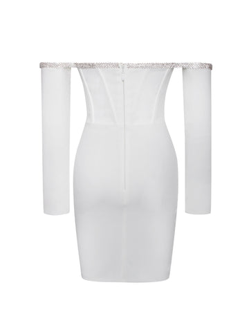 Annika White Off Shoulder Long Trendy Sleeve Corset Dress With Crystal Trim