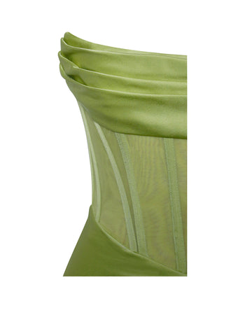 Prisa Lime High Charming Slit Satin Corset Gown