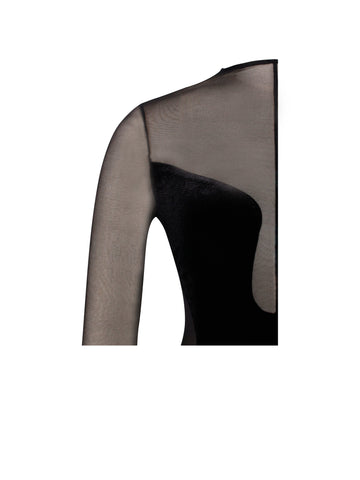 Paislee Black Velvet Charming Mesh Long Sleeve Gown