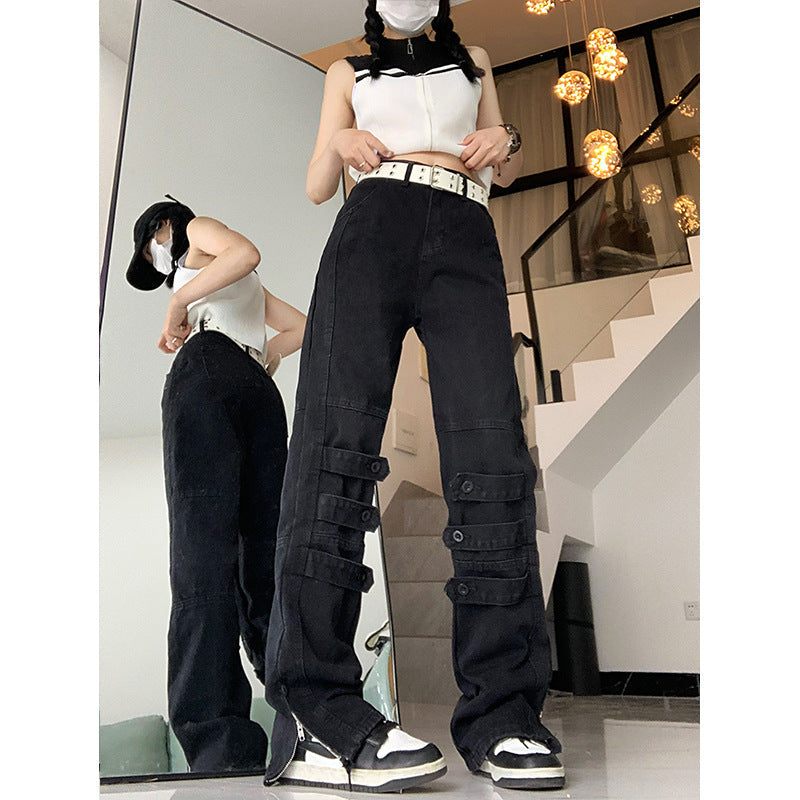 Black Ankle Graceful Straight Cargo Jeans