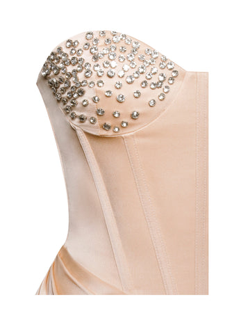 Amelia Blush Satin Corset Graceful Slit Gown With Crystal Embellished