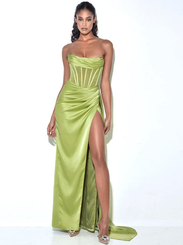 Prisa Lime High Charming Slit Satin Corset Gown