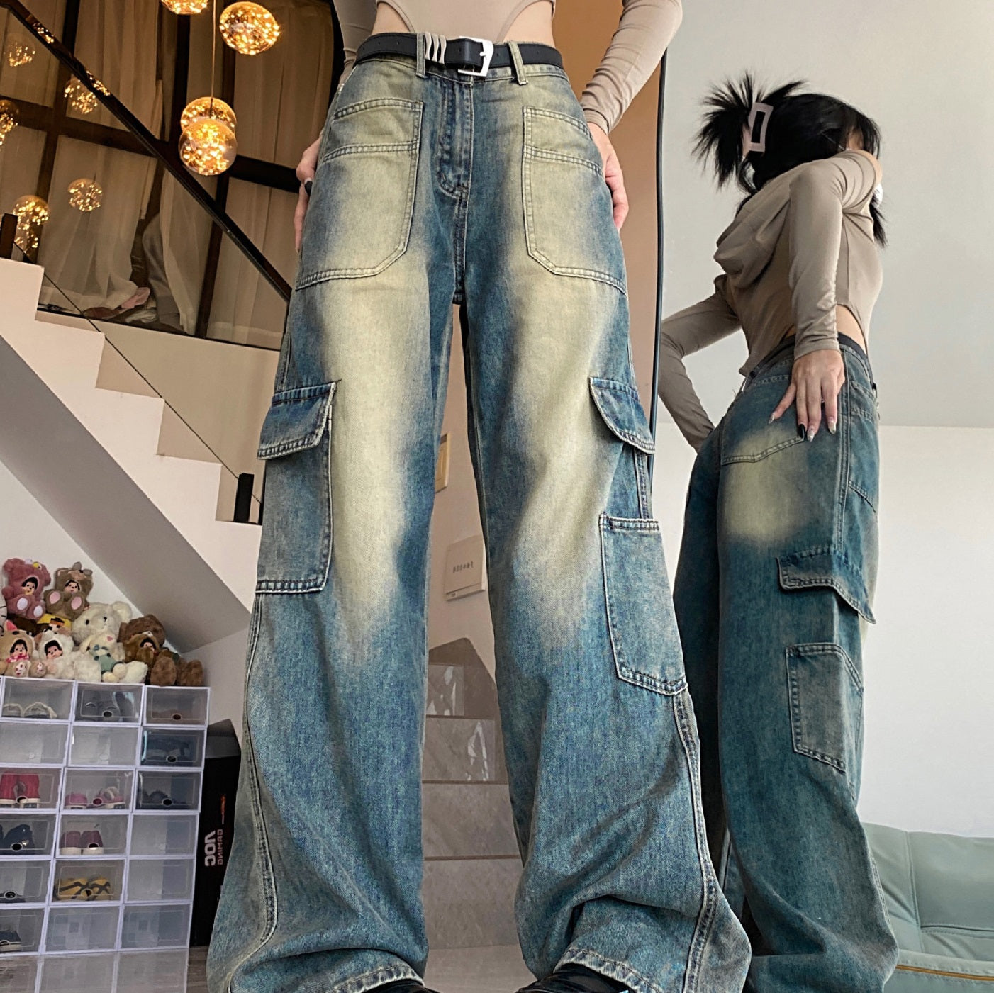 American Vintage Style Trendy Pocket Cargo Boyfriend Jeans