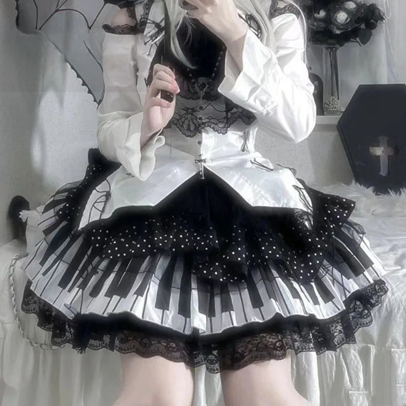 Harajuku Y2K Piano Key Dot Lace Gothic Lolita Fairy Skirt